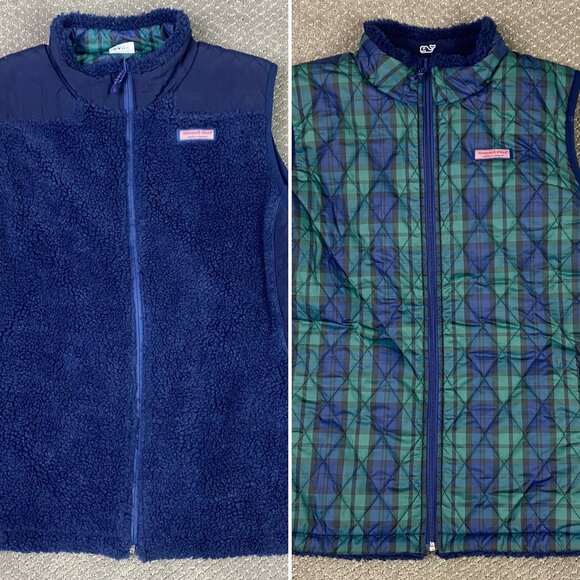 Vineyard Vines Reversible Fleece Plaid Vest Women's XL Blue Green Scotch Check - Picture 1 of 15